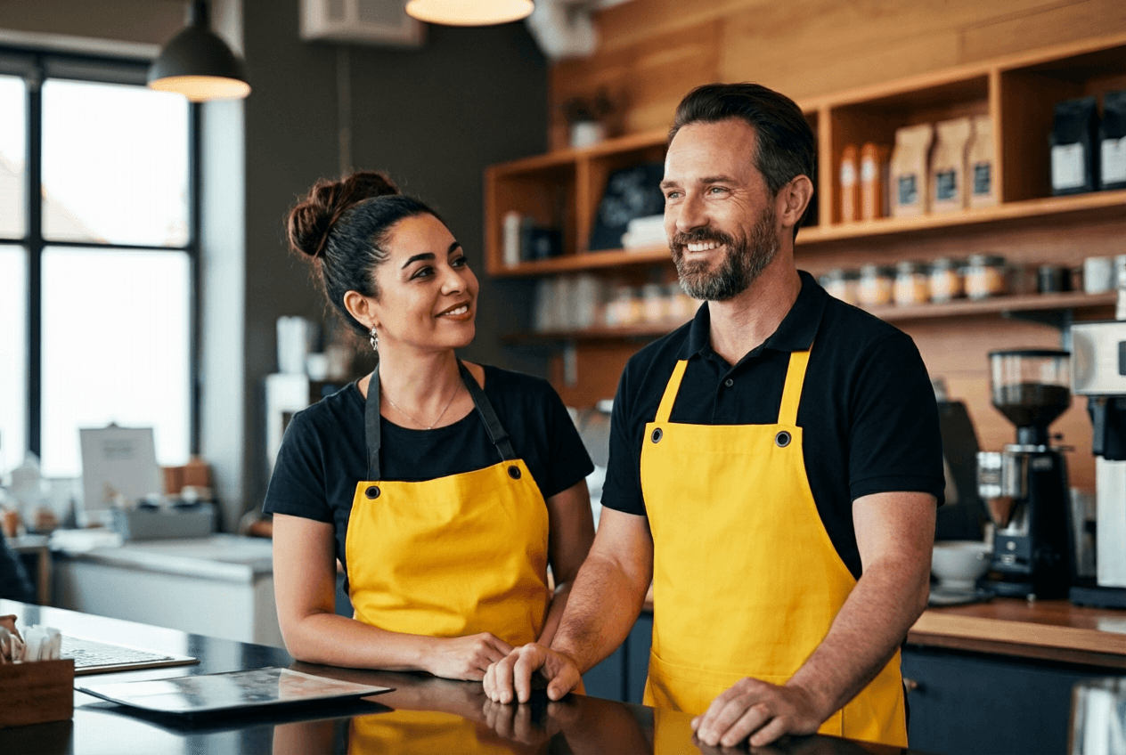 Two business owners in yellow aprons working in their bakery - Capital Host funding success story